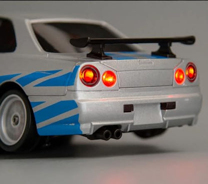 LD1899 1:18 RC Drift Car GTR R34 2.4GHz RWD with Gyroscope on-Road Alloy Body Shell Racing Cars Radio Control (Silvery)