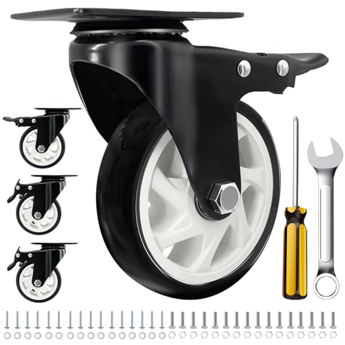4 Inch Plate Caster Set of 4, Heavy Duty PU Swivel Wheel with Dual Brakes | Smooth 360° rotation,dual locking brake,silent PU wheels - color: Black, size: 4 IN