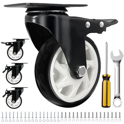 4 Inch Plate Caster Set of 4, Heavy Duty PU Swivel Wheel with Dual Brakes | Smooth 360° rotation,dual locking brake,silent PU wheels - color: Black, size: 4 IN