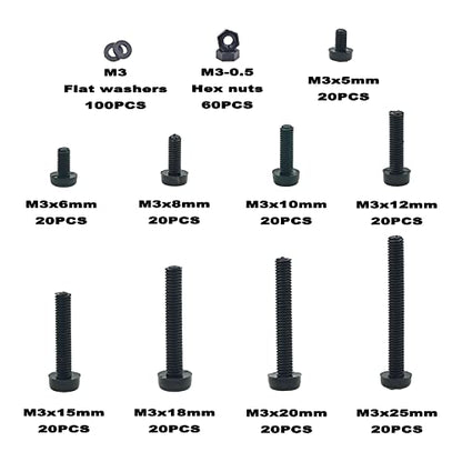 Metric M3 Phillips Pan Head Nylon Screws Nut Washer Assortment Kit,Screws Length:5mm to 25mm(Black) - size: M3