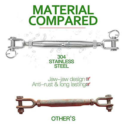 2PCS M8 Jaw and Jaw Turnbuckle, Stainless Steel Turnbuckle Heavy Duty Turn Buckle, 4400lbs Working Load Limit, Durable for Wire Rope Cable - style: Jaw & Jaw-M-8