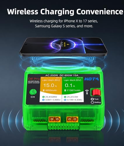 HOTA D6 Pro Lipo Battery Charger,Dual Channel 15A AC200W DC650W Smart Balance Charger with Wireless Charging Panel USB Output for 1-6S LiPo LiHV NiMH Pb Batteries RC Car Boat FPV (Transparent Green) - color: Transparent Green
