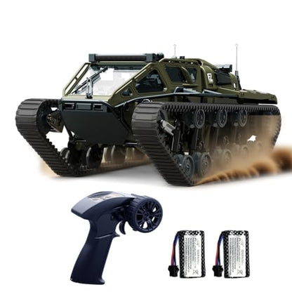 RC Tank All Terrain Army Truck for Kids - 2.4G Fully Proportional Remote Control Military Vehicle with 2 Batteries, Rock Crawler 4WD 360°Rotating Drifting Car with Cool Lights, Great Gift for Boys