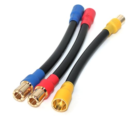 3-Pack 8mm Bullet Connector Extension Leads Male to Female, 8AWG High Temp Silicone RC Power Cables, 5in (±0.1) 200°C, Gold-Plated Copper Connectors