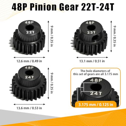 3PCS 48P Pinion Gear Set Hardened Steel 3.175mm Shaft 22T 23T 24T with Screws & Hex for 1/10 RC Arrma Traxxas HPI Kyosho Losi Axial SCX10 Tamiya Monster Truck Buggy Motor Upgrade Parts - size: 22 23 24T