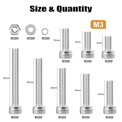 VGBUY 600pcs M3 Screw Assortment Kit, M3 Screws (8 Sizes 6-30mm) for 3D Printer DIY, Hex Socket Head Cap Screws Bolts Nuts Washer Kit, 304 Stainless Steel, 6/8/10/12/16/20/25/30mm - size: M3x6/8/10/12/16/20/25/30mm, style: Socket Head