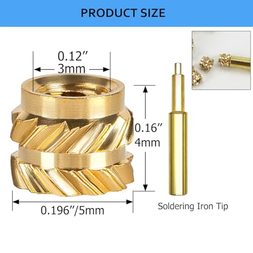 QSJ 130Pcs Threaded Inserts Heat Set Inserts Kit M3x4x5 Brass Insert Nut with Soldering Iron Tip for 3D Printed Plastic Materials - size: (130pcs) M3x4x5