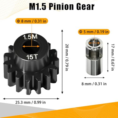 M1.5 15T Pinion Gear 8mm Bore with 8mm to 5mm Shaft Adapter Sleeve, Chromium Steel Motor Gear with Set Screw & Hex Key for Traxxas ARRMA Losi 1/5 1/8 RC Cars - size: 15T
