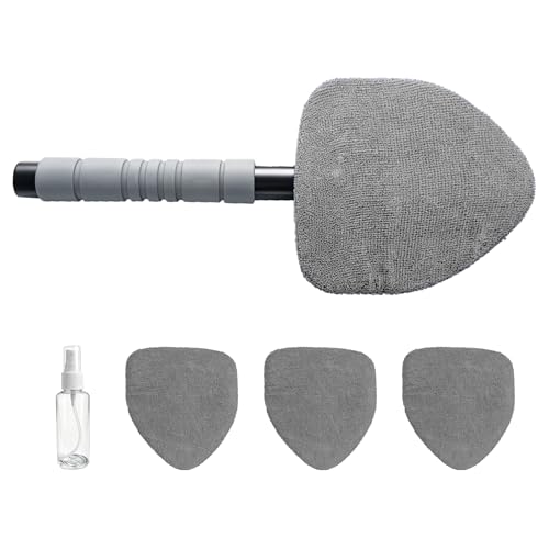 Windshield Cleaning Tool, Auto Window Cleaning Kit with 4 Reusable Microfiber Pads & Extendable Handle, Portable Windshield Cleaner Rotating Head Glass Wiper for Most Cars (Gray) - color: Gray
