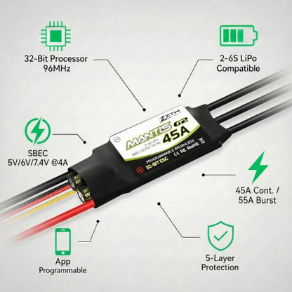 ZTW Mantis G2 45A ESC 2-6S Built-in Switching BEC 5V/6V/7.4V Adjustable 4A Brushless Speed Controller for RC Airplane Aircraft Fixed-Wing