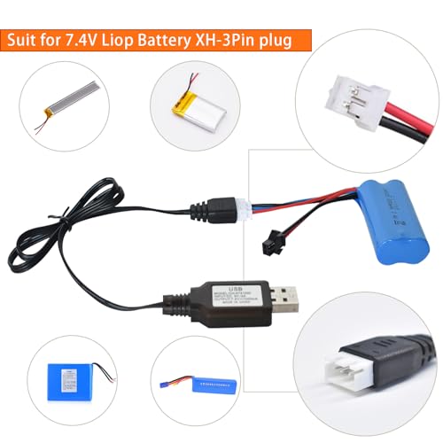 Pinkind USB Charger Cable with XH-3P Connector for 2S 7.4V LiPo Battery Hosim Q903 Q905 Axial SCX10 RC Car Rock Crawler FPV Drone Quadcopter（2 Pack ）