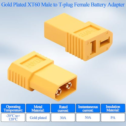 QIANRENON XT60 to T Plug High Current Adapter 30A XT60 Male to T Connector Female Converter XT60 to T-Plug RC Battery Connector, Compatible Deans Connector, for Model Airplane Electric Car,2Pcs