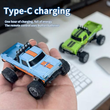 Mini 1/64 RC Off Road Truck, 2.4GHz Alloy Remote Control Car with LED Lights, 3-Speed Monster Truck, Shock Absorber Suspension, Desktop All Terrain RC Vehicle for Teens & Adults - color: Blue