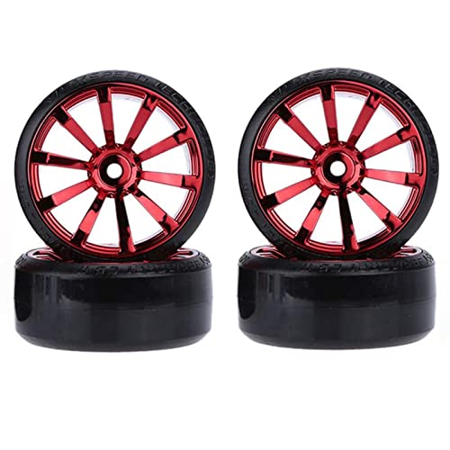 RC Plastic Wheel and Tire Set,WONFAST RC Drift Car 63mm Hard Tyres 12mm Hub Wheel for 1/10 On-Road Drifting Car Parts for HSP Tamiya HPI Kyosho TT02 (Red) - color: Red