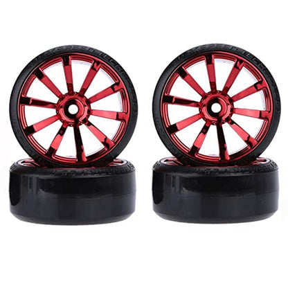 RC Plastic Wheel and Tire Set,WONFAST RC Drift Car 63mm Hard Tyres 12mm Hub Wheel for 1/10 On-Road Drifting Car Parts for HSP Tamiya HPI Kyosho TT02 (Red) - color: Red