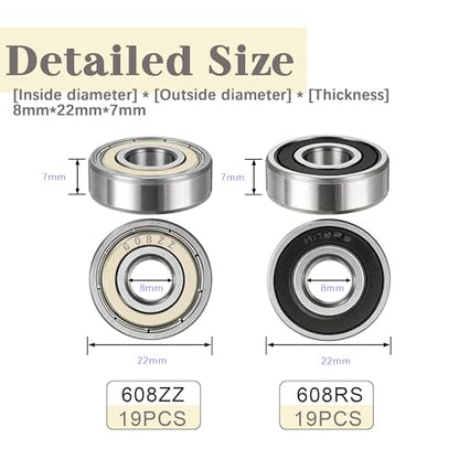Dianrui 38 PCS 608RS & 608ZZ Ball Bearings Assortment Kit, Small Bearings Carbon Steel Deep Groove Bearing, for Furniture Wheel, Roller Skates, 3D Printing and ect (8mm x 22mm x 7mm) - size: 608RS & ZZ