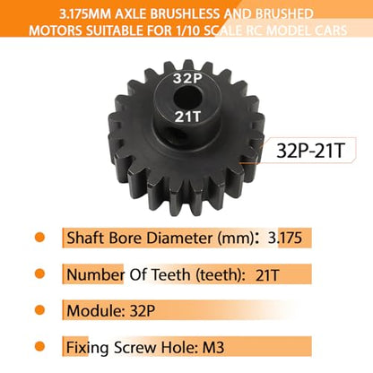 32P 21T Pinion Gear 3.175mm Shaft Hardened Steel, 32 Pitch Motor Gear for 1/10 Scale RC Car Truck Crawler Monster Buggy, Compatible with Traxxas for Axial 540 550 Brushed 3650 3660 Brushless - color: 21T