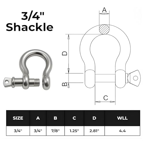 316 Stainless Steel Bow Shackle with Oversized Screw Pin, Marine-Grade Hardware for Anchor Lines, Towing, Dinghies, Canoes, Trailers, Utility Tie-Downs & Off-Road Recovery - size: 3/4" with 7/8" Pin 4.4T WLL, style: 50-pack
