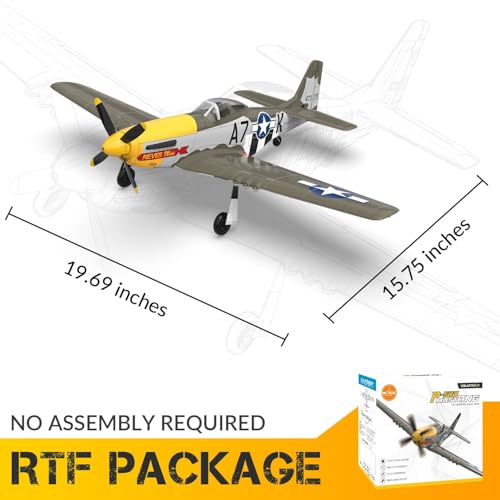 P51 Mustang RC Plane 4 Channel Brushless 500mm for Adults Outdoor | VOLANTEXR RTF RC Airplanes with X-Pilot Stabilizer, 3-Level Flight Mode to Learn, Aerobatic Flight for Fun, 2 Batteries