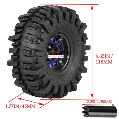 Aluminium RC 1.9" Beadlock Wheels Tires for 1/10 SCX10 90046 AXI03007 TRX4 TRX6 VS4-10 Gen7 Gen8 MST CFX D90 RC Crawler Car,Alloy 1.9 Rims Tires,Purple Colorful - color: Purple Colorful- (Rc 1.9" Tires)
