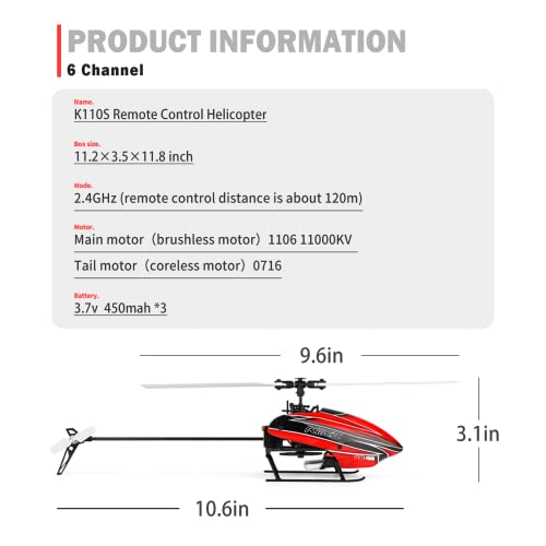 CKYSCHN WLtoys K110S XK RC Helicopter Brushless 6CH for Adults, 6-Axis Gyro | 3D Inverted Flight Remote Control Helicopter, 2.4G RTF Fast RC Aircraft Outdoor Flying 3 Batteries