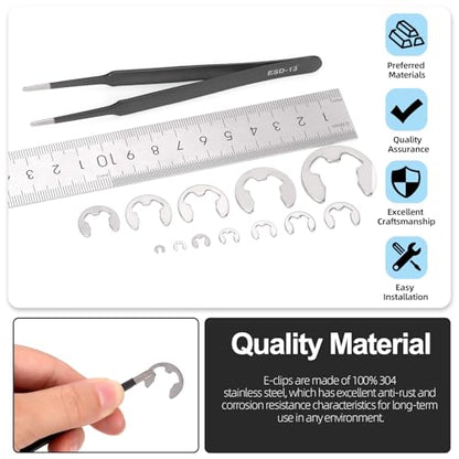 Glarks 211pcs 304 Stainless Steel E-Clips Retaining Rings Assortment Set 14 Sizes E-Ring Circlip Rings Heat Treated External Retaining Clips E-Clips Retainer Circlip Rings with Tweezers for Gears