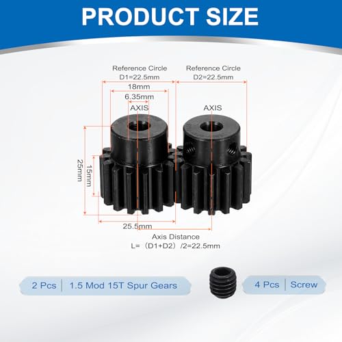 uxcell 2Pcs 1.5 Mod 15T Spur Gear 6.35mm Bore, 1045 Steel Pinion Gear Black Surface Treatment, 20° Pressure Angle, for Spur Rack and RC Model Car or Motor DIY(18mm) - size: 1.5 Mod 15T, 6.35mm x 18mm