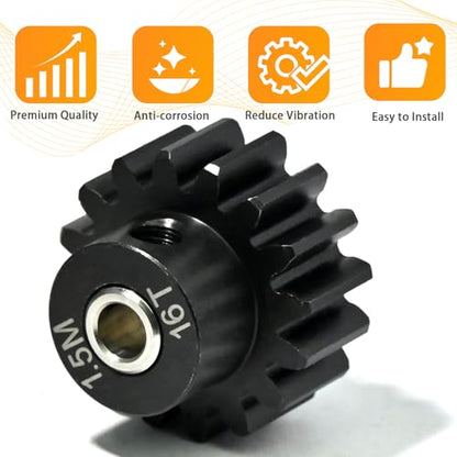M1.5 16T Pinion Gear 8mm Bore with 8mm to 5mm Shaft Adapter Sleeve, Chromium Steel Motor Gear with Set Screw & Hex Key for Traxxas ARRMA Losi 1/5 1/8 RC Cars - size: 16T