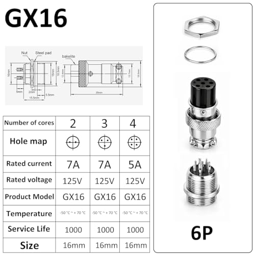 Clyxgs 6-Core Aviation Plug Connector Male Female 16mm Panel Mount Metal Wire Adapter 10PCS - style: GX16-6-10