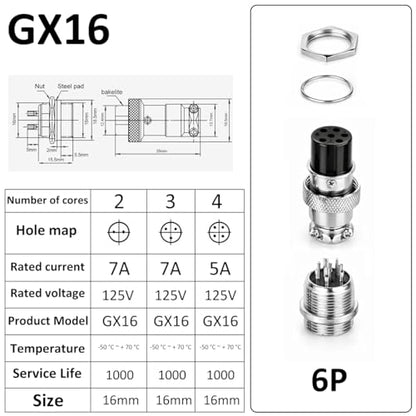 Clyxgs 6-Core Aviation Plug Connector Male Female 16mm Panel Mount Metal Wire Adapter 10PCS - style: GX16-6-10