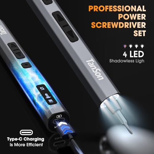 TanSon Mini Electric Screwdriver Set,3.7V Precision Screwdriver Set 66 in 1 Magnetic Drill,HD Display,5 Torque Settings,4 LED Lights, Portable Repair Tool Kit for Computer,Phone, Watch,Camer,Glasses - color: 66 Grey
