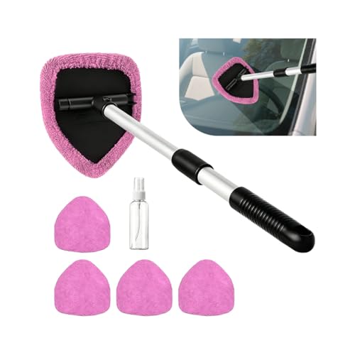 Car Windshield Cleaner Tool, Extendable Handle Pentagonal Vehicle Window Cleaning Kit with 4 Reusable Pads Spray Bottle, Auto Windscreen Detailing Cleaner, Universal Fit (Pink) - size: Pink