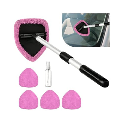 Car Windshield Cleaner Tool, Extendable Handle Pentagonal Vehicle Window Cleaning Kit with 4 Reusable Pads Spray Bottle, Auto Windscreen Detailing Cleaner, Universal Fit (Pink) - size: Pink