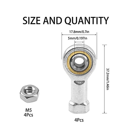 4Pcs SI5T/K Bore 5mm Metric Rod End Joint Bearing Self-Lubricating Female Thread Right Hand