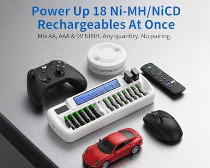 BEVIGOR AA AAA Battery Charger, Batteries Not Included | 16+2 Slot Independent Charging, 16 Slot For AA AAA 2 Slot For 9V NiMH NiCD Rechargeable Batteries, LCD Display, AC Input - size: 18 Bay Charger
