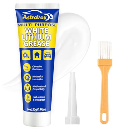 AstraVox White Lithium Grease, 1oz Multi-Purpose Garage Door Lubricant | with Brush for Hinges, Bearings, Gears, Automotive, Marine, Industrial, and Household Use, Waterproof & Heat-resistant (1pcs)