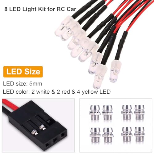 2 Pack RC Car 8 LED Light Kit, Headlight Taillight for 1/10 1/8 RC Models Scx10 D90 TRX4 RC Car Truck Lighting (Red, White & Yellow) - color: 8 LED Red White Yellow