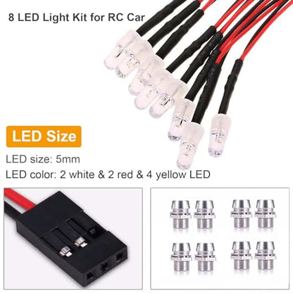 2 Pack RC Car 8 LED Light Kit, Headlight Taillight for 1/10 1/8 RC Models Scx10 D90 TRX4 RC Car Truck Lighting (Red, White & Yellow) - color: 8 LED Red White Yellow