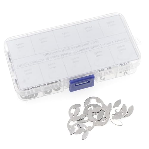 250PCS 10 Sizes Metric External E-Clip Retaining Ring Assortment Kit | 304 Stainless Steel E Circlip Snap Rings for 1.5mm-10mm Shafts with Storage Box