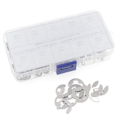 250PCS 10 Sizes Metric External E-Clip Retaining Ring Assortment Kit | 304 Stainless Steel E Circlip Snap Rings for 1.5mm-10mm Shafts with Storage Box
