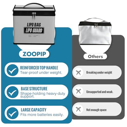 Fireproof Explosionproof Lipo Battery Bag with Shoulder Strap | 5200°F Heat Resistant,Large Capacity,Safe Charging&Battery Storage,RC Drone LiPo Battery Protection, Silver, 9.8x5.5x8.8in