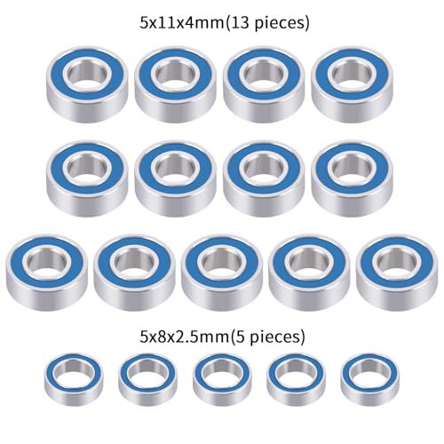LSG 18pcs Ball Bearings for Arrma 1/10 Tamiya Grasshopper Lunchbox Hotshot | Rubber Sealed Bearing Kit 1/10 RC Car Upgrade Parts Blue 5x8x2.5mm 5x11x4mm