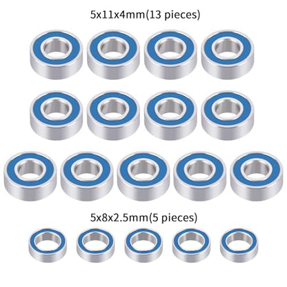 LSG 18pcs Ball Bearings for Arrma 1/10 Tamiya Grasshopper Lunchbox Hotshot | Rubber Sealed Bearing Kit 1/10 RC Car Upgrade Parts Blue 5x8x2.5mm 5x11x4mm