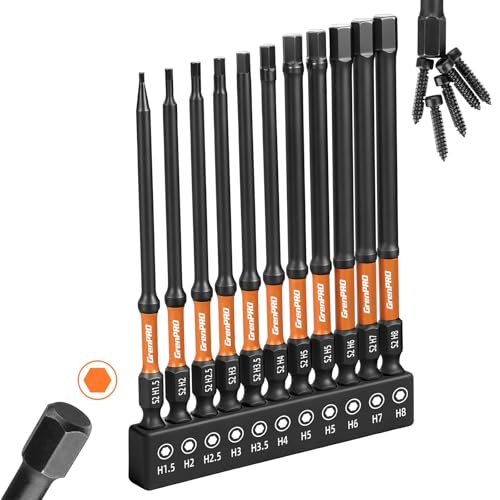 GRENPRO 11-Piece Allen Wrench Drill Bit Set, Metric, 4-Inch Impact Hex Bits | S2 Steel Bits with CNC-Machined Tips, Magnetic Fastener Retention, 1/4" Hex Shanks and a Storage Box for Organized Storage - size: 4" 11pcs(Metric)