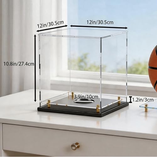 Acrylic Display Case with Raised Shelf & Ball Holder, Clear Display Box with Black Base & Gold Standoffs, Dustproof Showcase for Fullsize Basketball – Easy Assembly (12×12×12 Inch) - size: 12"L x 12"W x 12"H (with Ball Position)