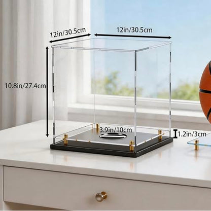 Acrylic Display Case with Raised Shelf & Ball Holder, Clear Display Box with Black Base & Gold Standoffs, Dustproof Showcase for Fullsize Basketball – Easy Assembly (12×12×12 Inch) - size: 12"L x 12"W x 12"H (with Ball Position)