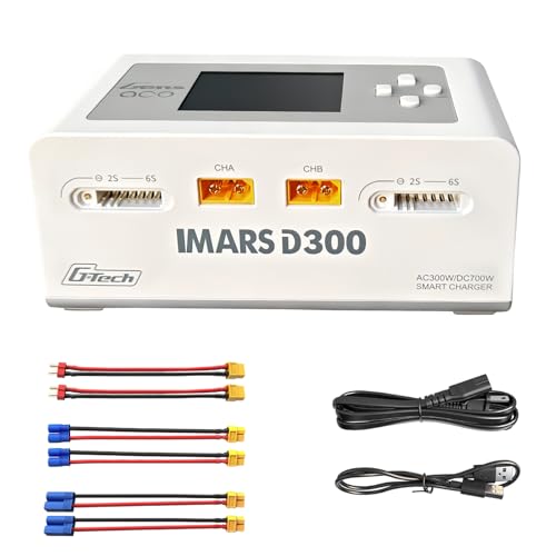 Lipo Battery Charger, Gens Ace Charger IMARS D300 G-Tech Series Smart Dual Lipo Balance Charger 16A AC 300W DC 700W (350W*2) RC Battery Charger for 1s~6s Lipo Batteries Life NiCd MH LiHV (White) - color: White
