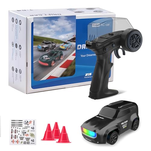 ANTSIR 1/64 RC Drift Car, 7 Colorful LED Lights 4WD RTR Small Car Gift | 2.4GHz,15KM/H High Speed, Drifting/Race Tires, Desktop Remote Control Car, Proportional Throttle, Adults & Teens, Black - color: Black Concept Model