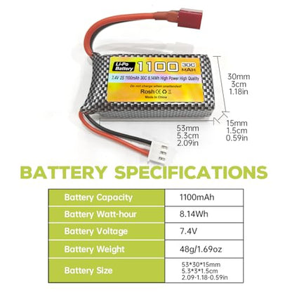 7.4V 1100mAh 2S Lipo Battery with T Plug and USB Charging Cable Suitable for Haiboxing 18858 18859 18859A 16890A XLH Q903 Q903 HM163 RC Car RC Ship RC Drone