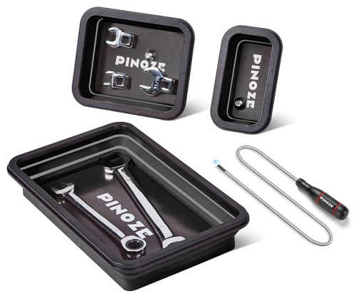 PINOZE Collapsible Magnetic Parts Organizer Trays & 12" Flexible Magnetic Pickup Tool, 3 Different Size Magnet Tool Trays & Pick-Up Sweeper for Screw, Bolts, Nuts, Washers, Pins and Metal Parts, Black - color: Black